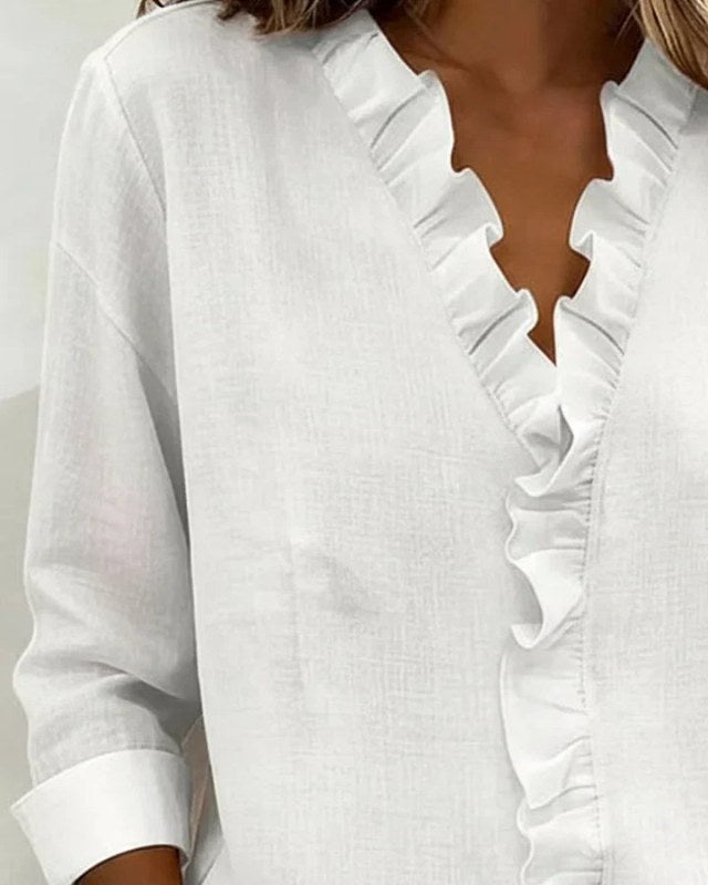 Women's Blouse with Ruffled V-Neck and Long Sleeves