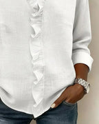 Women's Blouse with Ruffled V-Neck and Long Sleeves