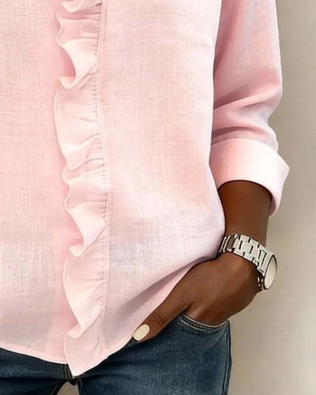 Women's Blouse with Ruffled V-Neck and Long Sleeves