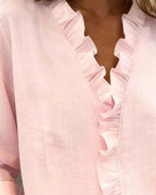 Women's Blouse with Ruffled V-Neck and Long Sleeves