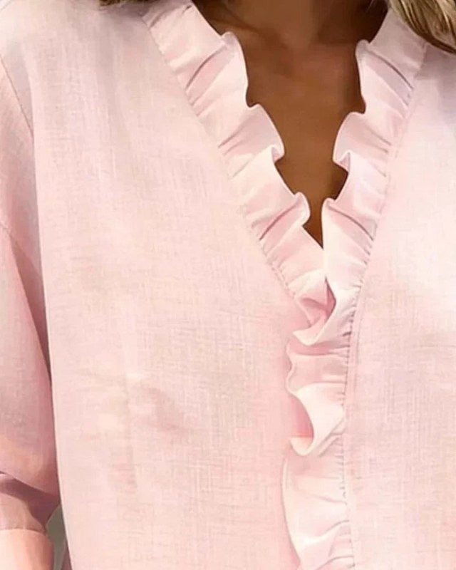 Women's Blouse with Ruffled V-Neck and Long Sleeves