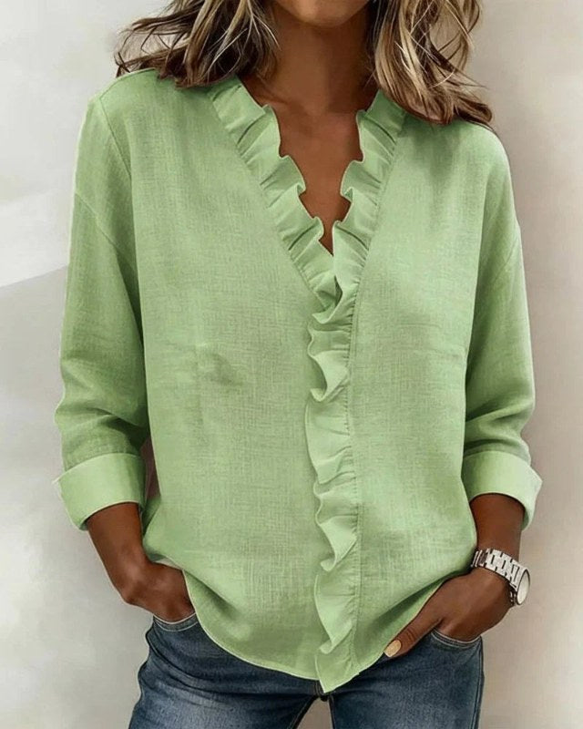 Elegant långärmad blus med volangdetaljer - Light Green