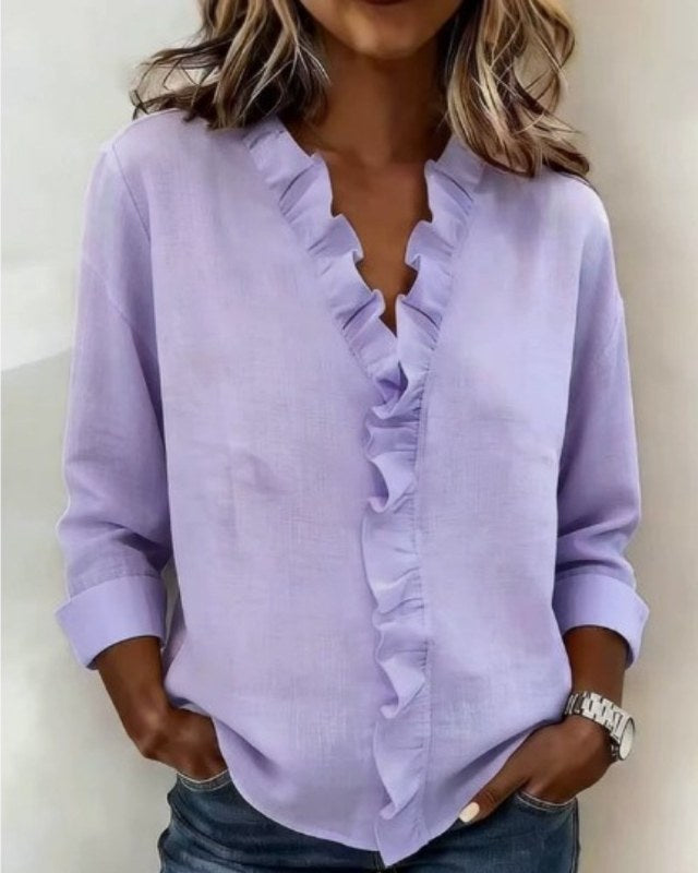 Elegant långärmad blus med volangdetaljer - Purple