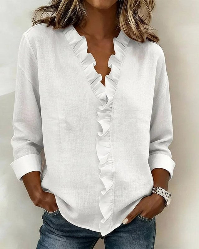 Elegant långärmad blus med volangdetaljer - White