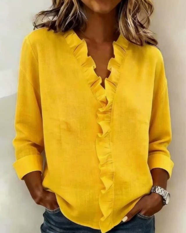 Elegant långärmad blus med volangdetaljer - Yellow