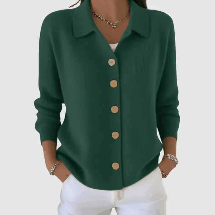 Elegant långärmad kofta med krage - Dark Green