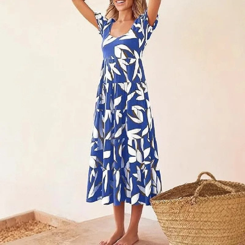 Elegant maxiklänning kortärmad fyrkantig hals - Blue