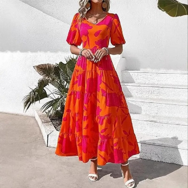 Elegant maxiklänning kortärmad fyrkantig hals - Orange