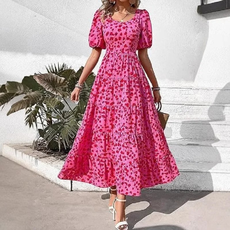 Elegant maxiklänning kortärmad fyrkantig hals - Pink
