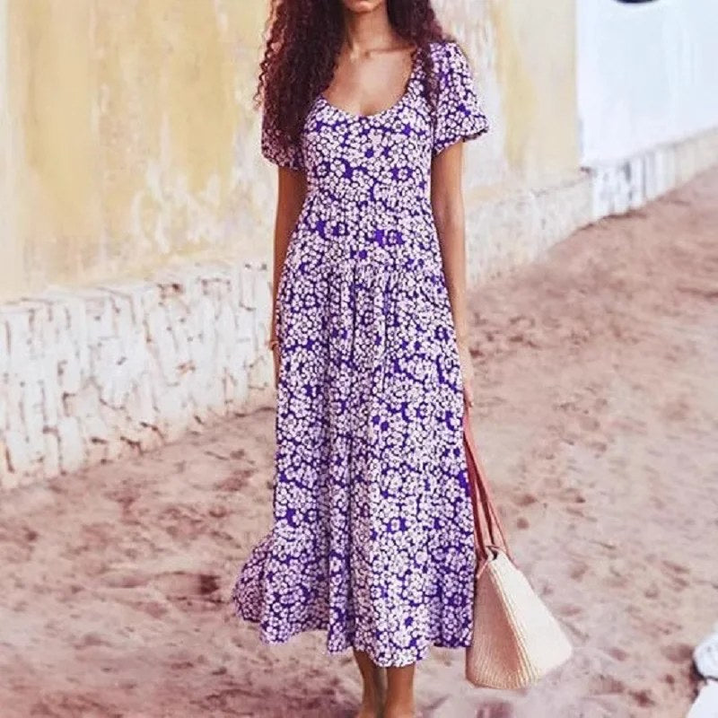 Elegant maxiklänning kortärmad fyrkantig hals - Purple