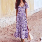 Elegant maxiklänning kortärmad fyrkantig hals - Purple