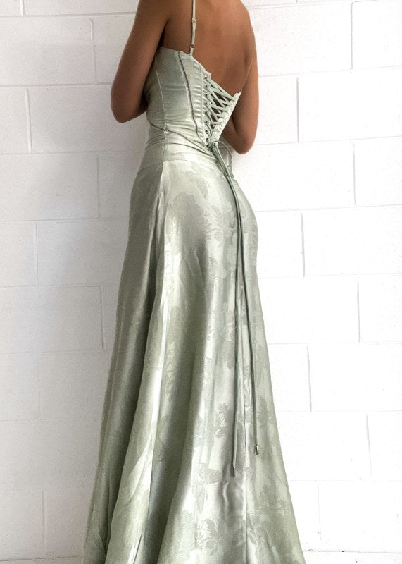 Gilda | Luxe Maxi Jurk met Elegante Bloemen Print - Kleur Pistache Groen