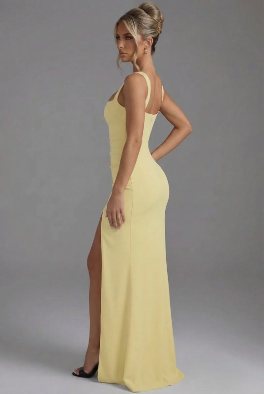 Women’s Elegant Bodycon Slip Maxi Dress with Leg Split and Open Back