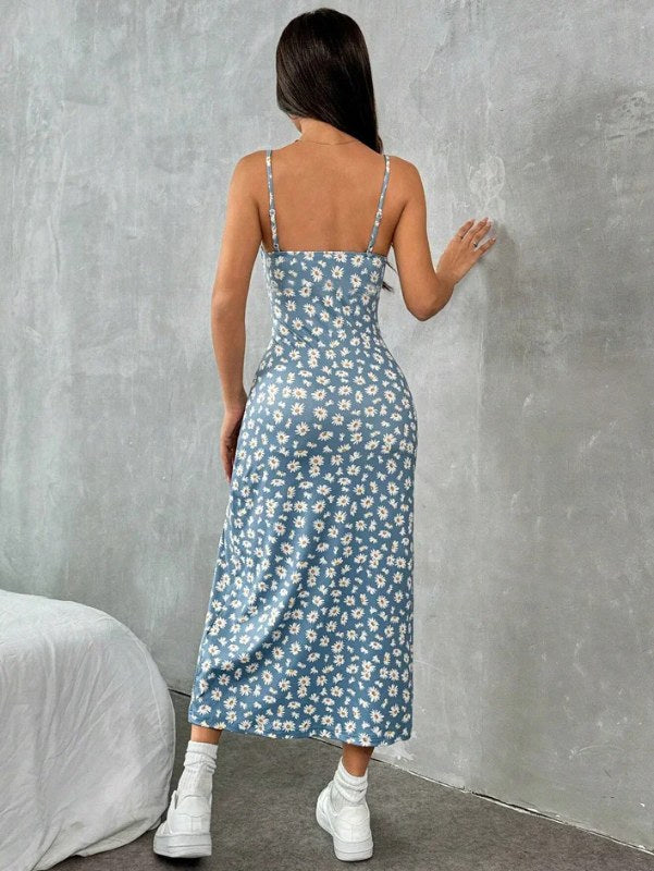 Lange herfstjurk 20225, strapless wikkelborst, hoge split, madeliefje, luipaardprint, wikkel rond rok, maxi-jurk