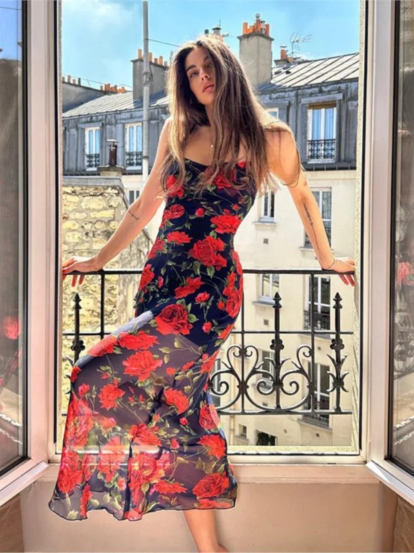 Bloemenprint Spaghetti Jurken Vrouwen Temperament Pakket Hip Bodycon Lange Jurk Mode Sexy Backless Lady Slim Vestidos