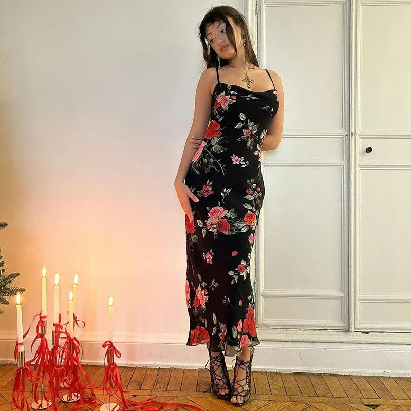 Bloemenprint Spaghetti Jurken Vrouwen Temperament Pakket Hip Bodycon Lange Jurk Mode Sexy Backless Lady Slim Vestidos