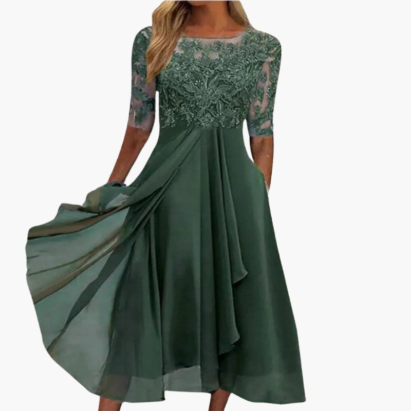 Elegant midiklänning med trekvarts ärm och spetsdetaljer - Dark Green