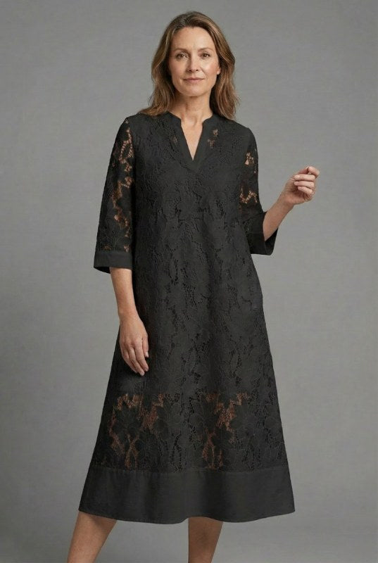 Elegant midiklänning med v-ringning och trekvartärm - Black