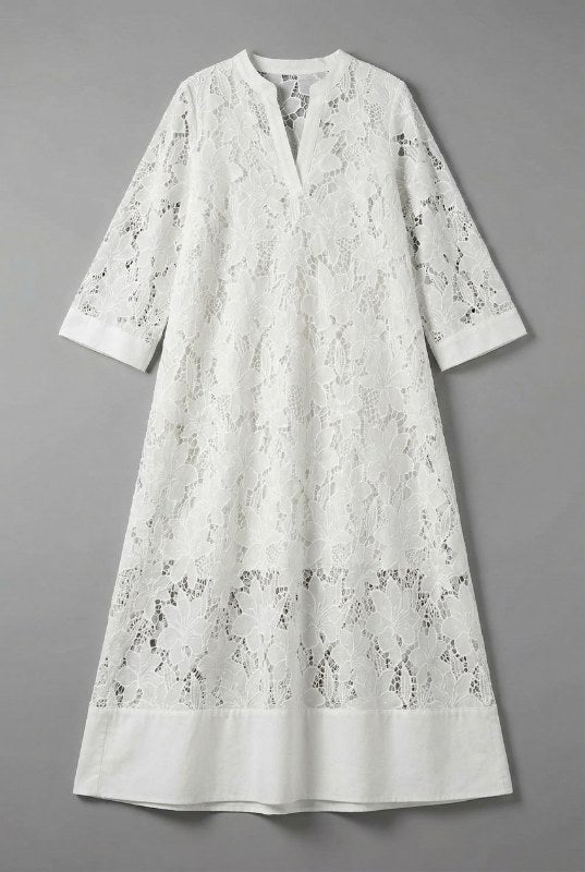 Women's Embroidered Midi Dress – Elegant Lace Detail & Relaxed Everyday Fit