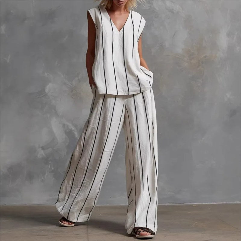 Zwart Wit Verticaal Gestreepte Losse Top + Wijde Broek Tweedelige Zomer Dames Losse Katoenen Linnen Broek Set Костюм Женский