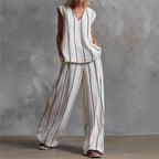 Zwart Wit Verticaal Gestreepte Losse Top + Wijde Broek Tweedelige Zomer Dames Losse Katoenen Linnen Broek Set Костюм Женский