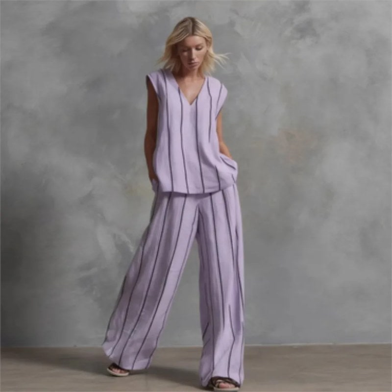 Zwart Wit Verticaal Gestreepte Losse Top + Wijde Broek Tweedelige Zomer Dames Losse Katoenen Linnen Broek Set Костюм Женский