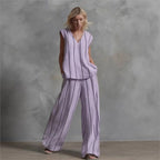 Zwart Wit Verticaal Gestreepte Losse Top + Wijde Broek Tweedelige Zomer Dames Losse Katoenen Linnen Broek Set Костюм Женский
