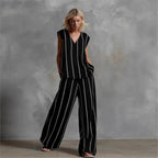Zwart Wit Verticaal Gestreepte Losse Top + Wijde Broek Tweedelige Zomer Dames Losse Katoenen Linnen Broek Set Костюм Женский