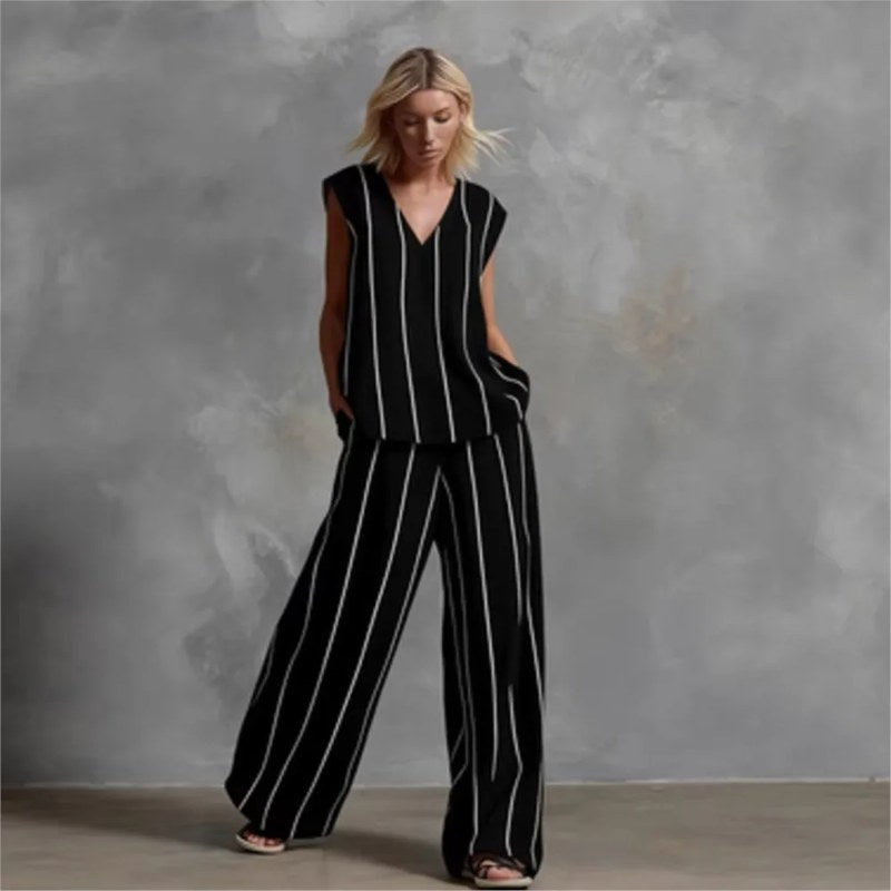Zwart Wit Verticaal Gestreepte Losse Top + Wijde Broek Tweedelige Zomer Dames Losse Katoenen Linnen Broek Set Костюм Женский