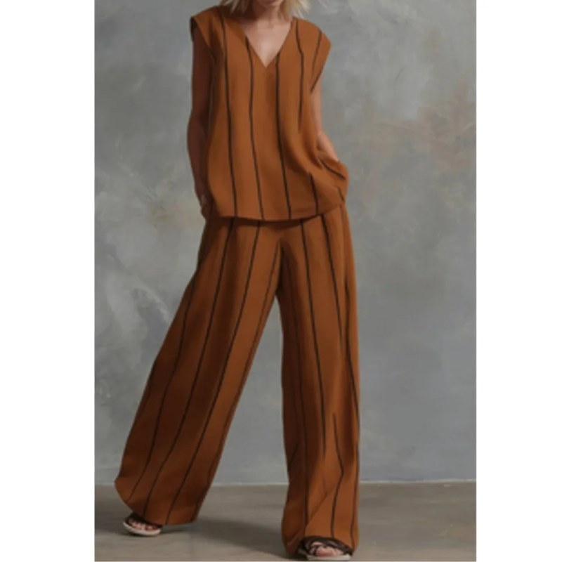 Zwart Wit Verticaal Gestreepte Losse Top + Wijde Broek Tweedelige Zomer Dames Losse Katoenen Linnen Broek Set Костюм Женский
