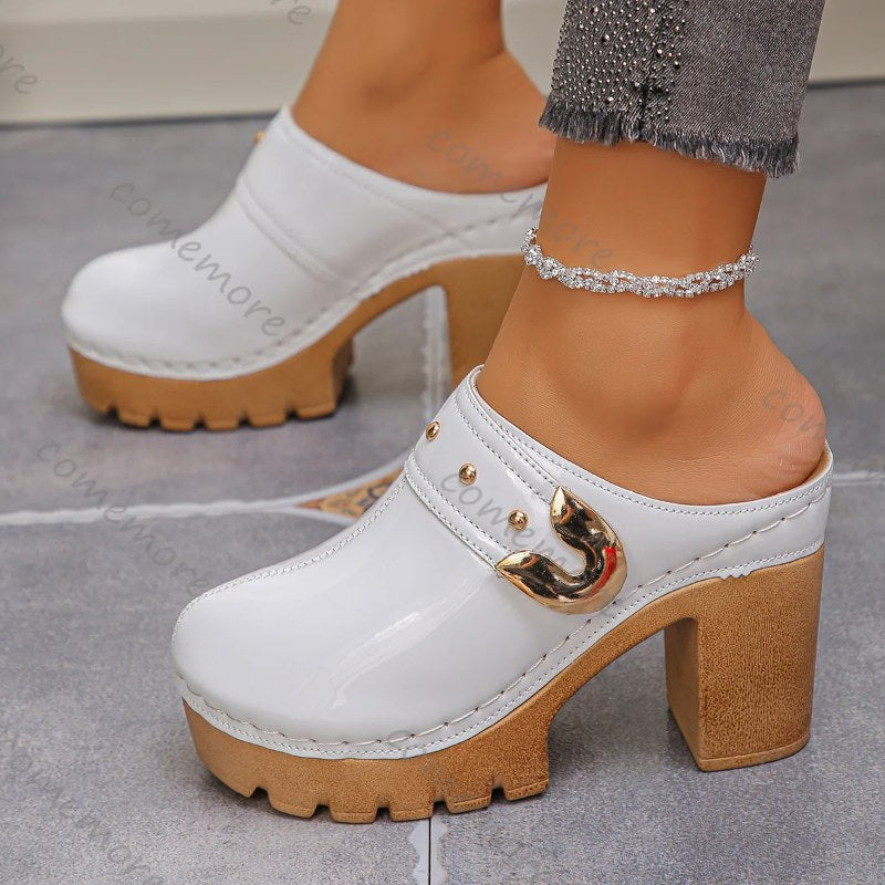 Comemore Dames Nieuwe Dikke Hoge Hak Muilezels Slippers Plus Size Effen Kleur Leer Baotou Romeinse Slipper Platform Slip-On schoenen