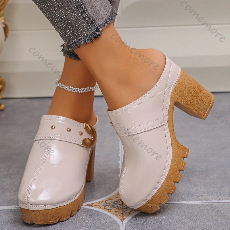 Comemore Dames Nieuwe Dikke Hoge Hak Muilezels Slippers Plus Size Effen Kleur Leer Baotou Romeinse Slipper Platform Slip-On schoenen