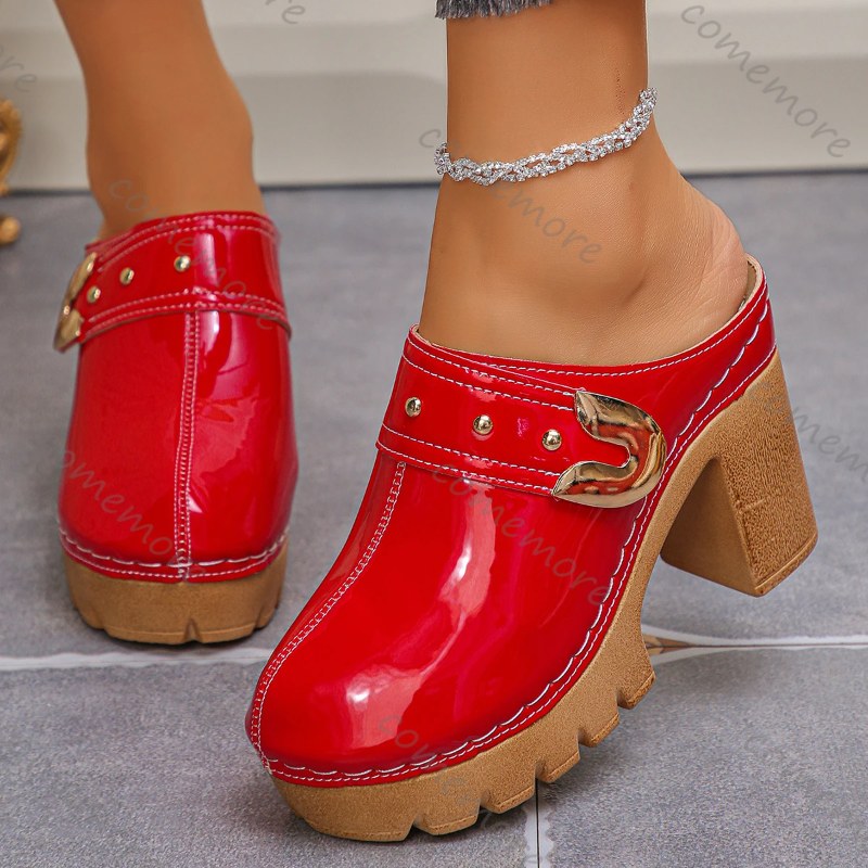 Comemore Dames Nieuwe Dikke Hoge Hak Muilezels Slippers Plus Size Effen Kleur Leer Baotou Romeinse Slipper Platform Slip-On schoenen