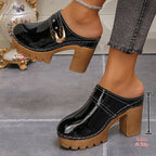 Comemore Dames Nieuwe Dikke Hoge Hak Muilezels Slippers Plus Size Effen Kleur Leer Baotou Romeinse Slipper Platform Slip-On schoenen