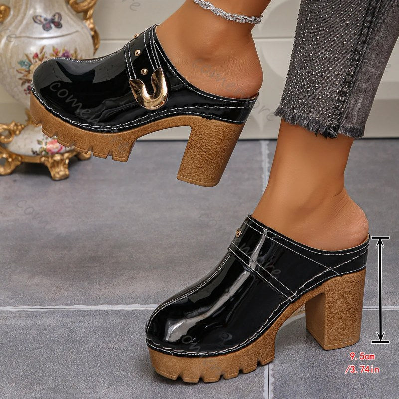Comemore Dames Nieuwe Dikke Hoge Hak Muilezels Slippers Plus Size Effen Kleur Leer Baotou Romeinse Slipper Platform Slip-On schoenen