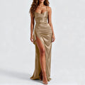 Elegant satinklänning maxilängd med slits - Beige