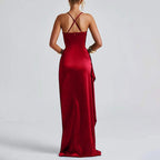 Damesmode, elegant ingerichte geplooide satijnen jurk met split, effen kleur, mouwloos, rugloze lange jurken, zomer satijnen feestjurk