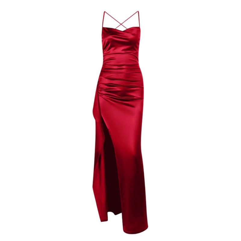Damesmode, elegant ingerichte geplooide satijnen jurk met split, effen kleur, mouwloos, rugloze lange jurken, zomer satijnen feestjurk