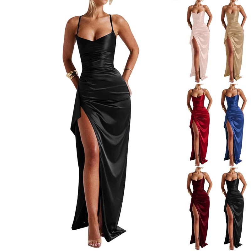 Damesmode, elegant ingerichte geplooide satijnen jurk met split, effen kleur, mouwloos, rugloze lange jurken, zomer satijnen feestjurk