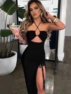 Mouwloze sexy vrouwelijke midi backless jurken slanke nachtclub party damesjurk bodycon vestidos elegantes para mujer