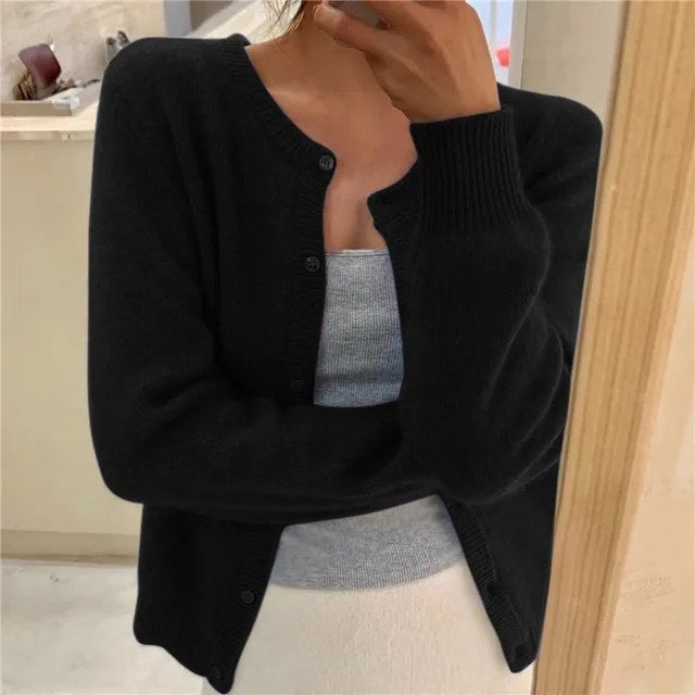 Elegant stickad cardigan långärmad dam - Black
