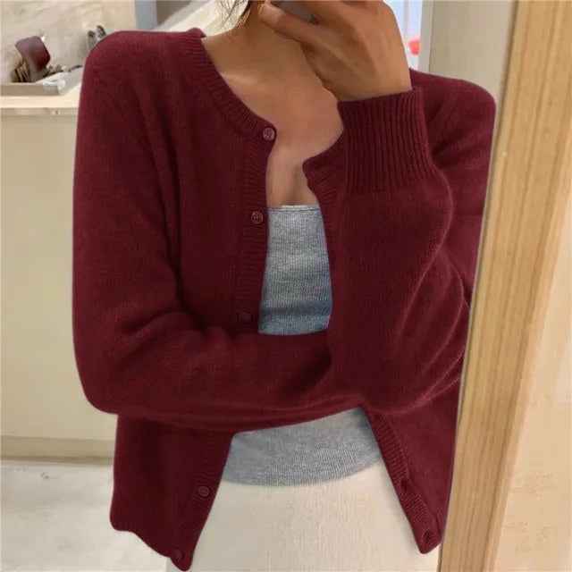 Elegant stickad cardigan långärmad dam - Burgundy