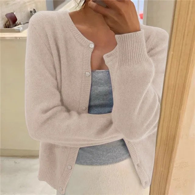 Elegant stickad cardigan långärmad dam - Cream