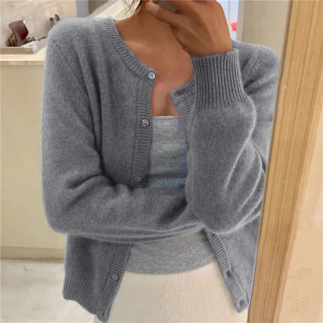 Elegant stickad cardigan långärmad dam - Grey