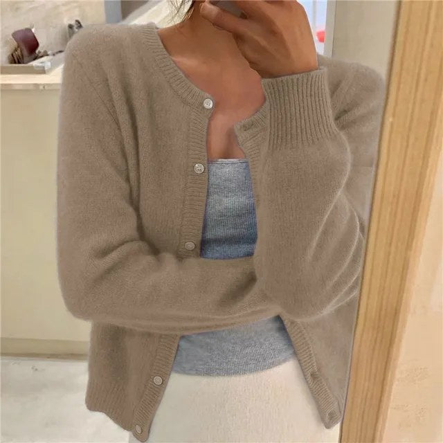 Elegant stickad cardigan långärmad dam - Khaki