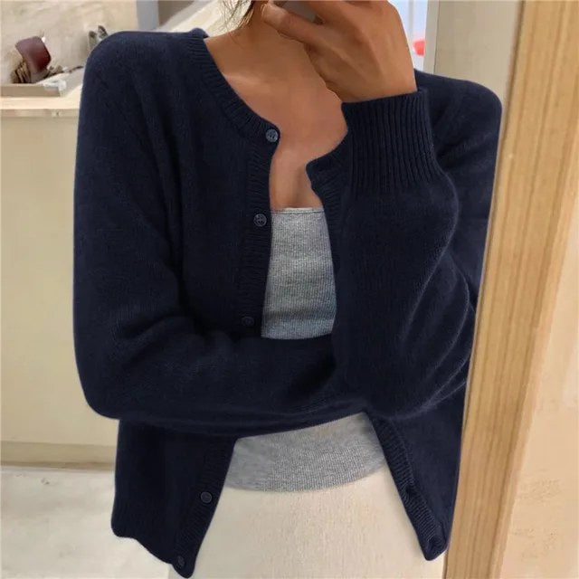 Elegant stickad cardigan långärmad dam - Navy