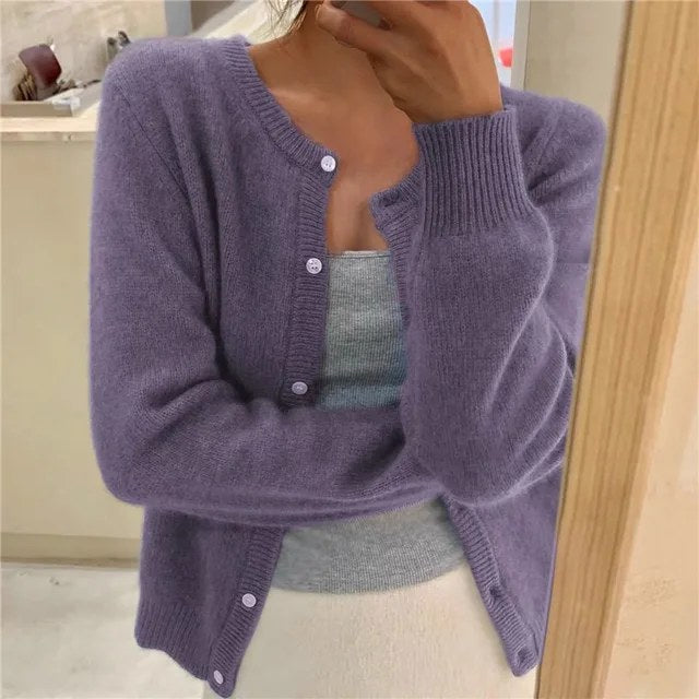 Elegant stickad cardigan långärmad dam - Purple