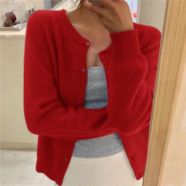Elegant stickad cardigan långärmad dam - Red