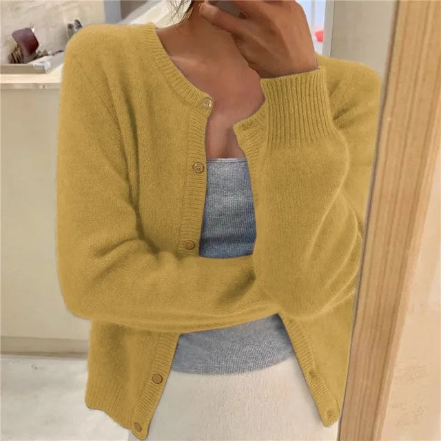Elegant stickad cardigan långärmad dam - Yellow