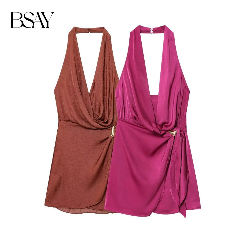 BSAY sexy jurk voor dames mode zomer nieuwe mouwloze rugloze bruine hangende halskraag chique vrouwelijke avondjurken mujer
